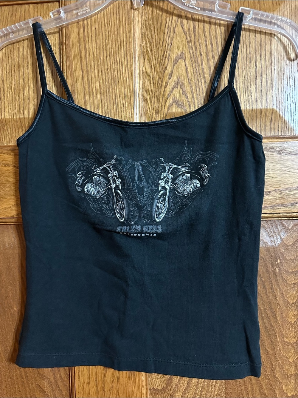Black Spaghetti-Strap Camisole with Motorcycle Graphic